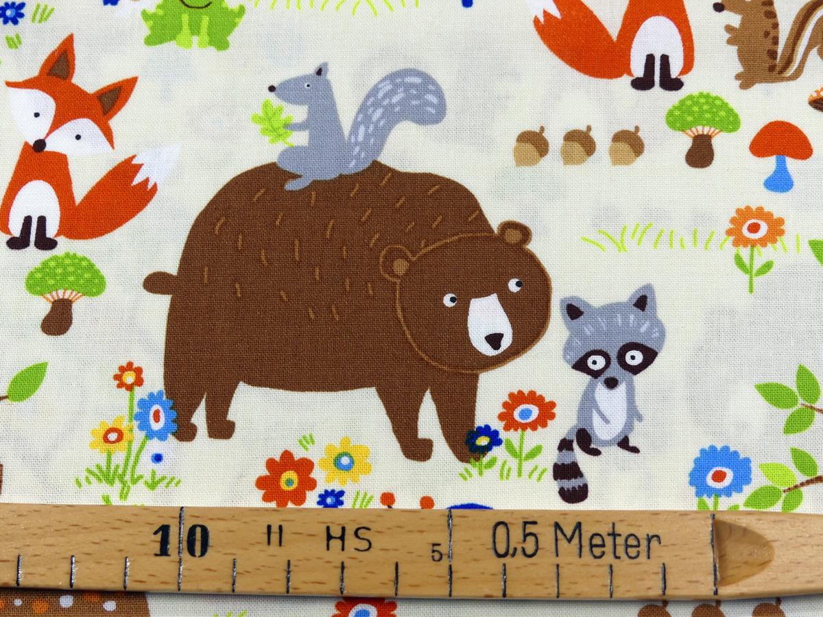 Patchworkstoff Detailansicht Bär, Waschbär, Fuchs